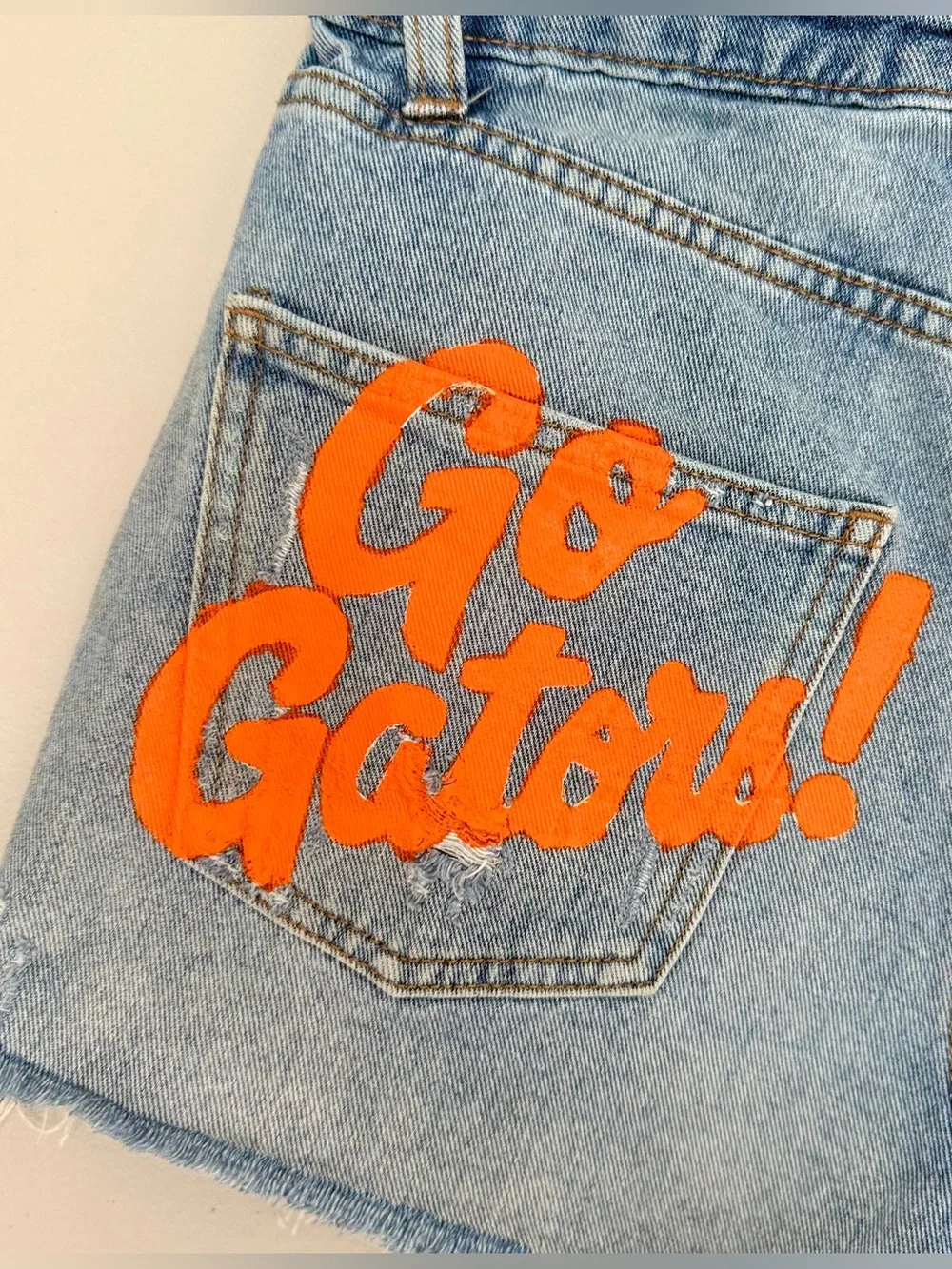 UF Gators Game Day High Waist Distressed Cut-Off Denim Shorts Hand Painted